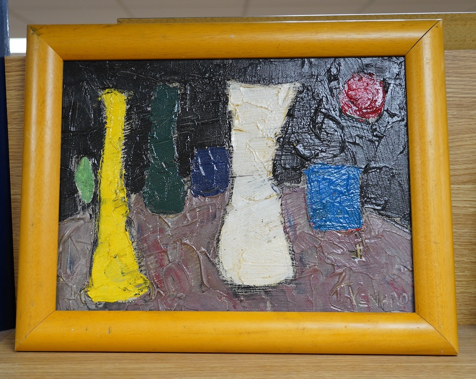 A decorative impasto oil on canvas, Abstract composition, Still life of vessels, signed 29 x 39cm. Condition - good